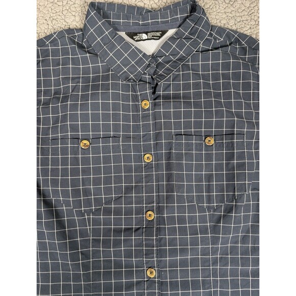 North Face Shirt Womens Medium Blue White Check Button Up Vented Hike Fish Top - Picture 3 of 15